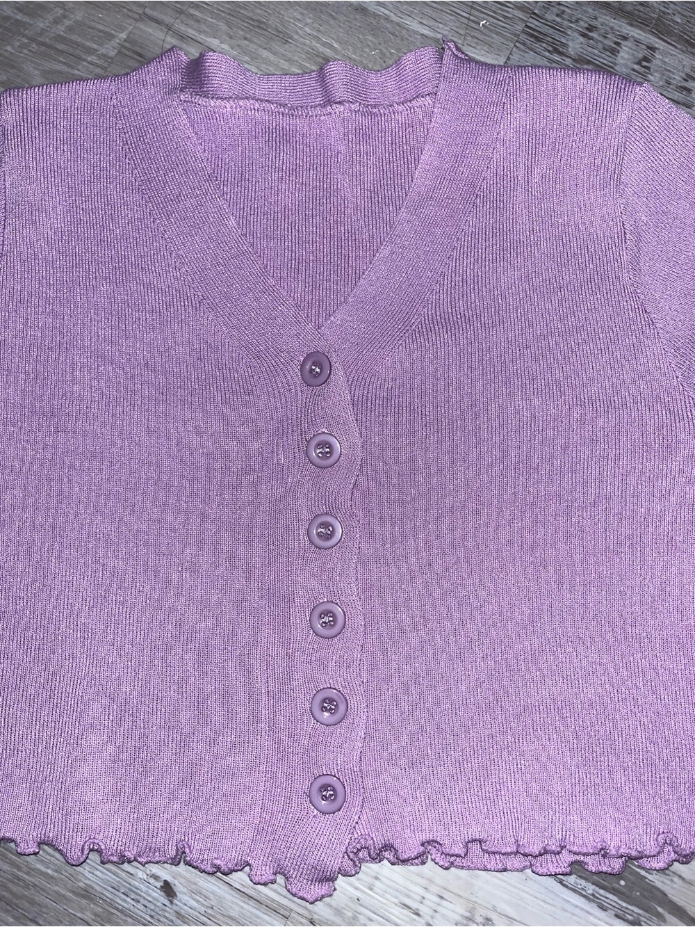 Lavender Button-Front Ruffle Trim Cropped Cardigan - Picture 4 of 7